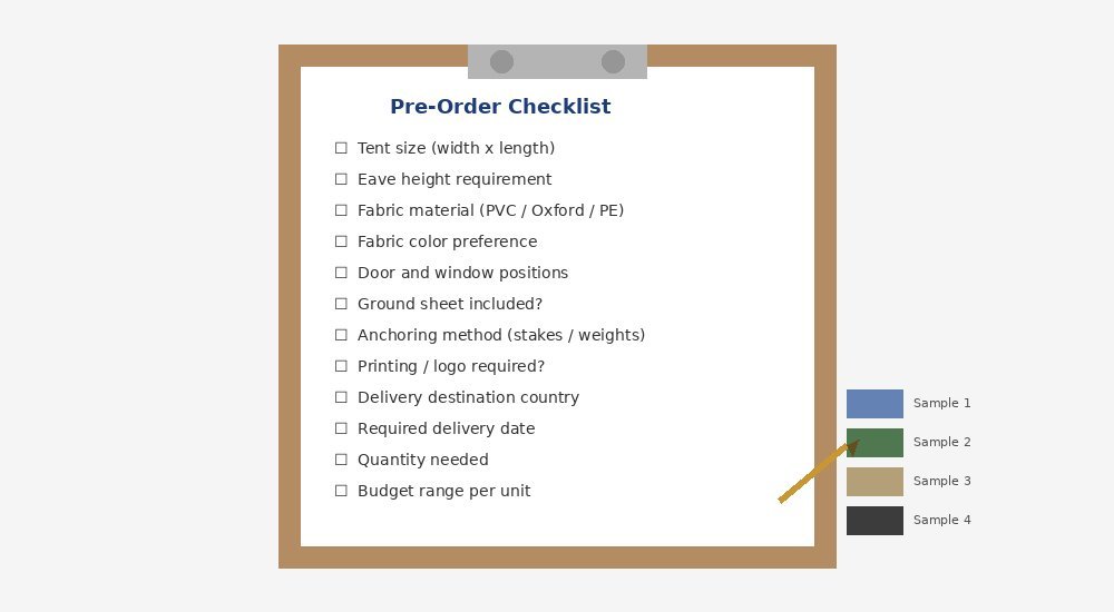 Pre-order checklist document with fabric samples