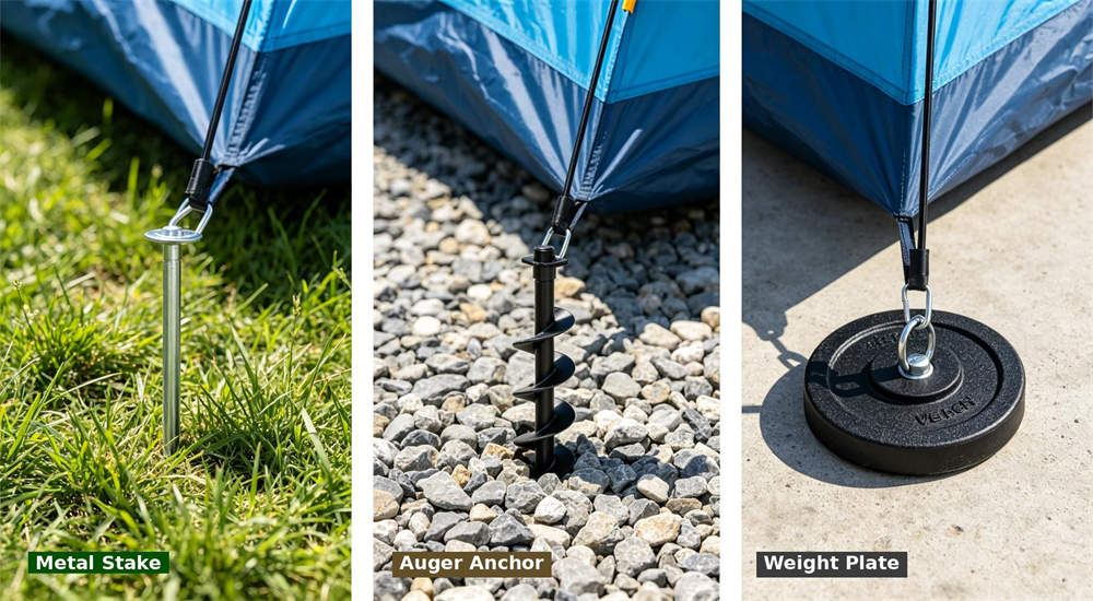 Close-up detail comparison of three anchoring methods for outdoor relief frame tent metal stake on grass, auger anchor on gravel, and black weight plate on concrete
