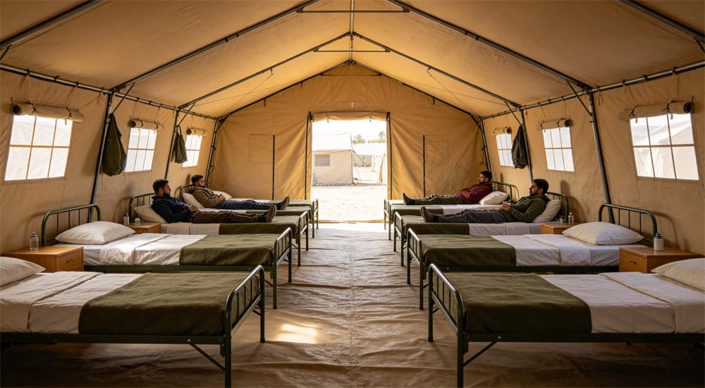 Interior eye-level view of beige outdoor relief frame tent accommodation with beds arranged inside showing sleeping quarters for displaced persons