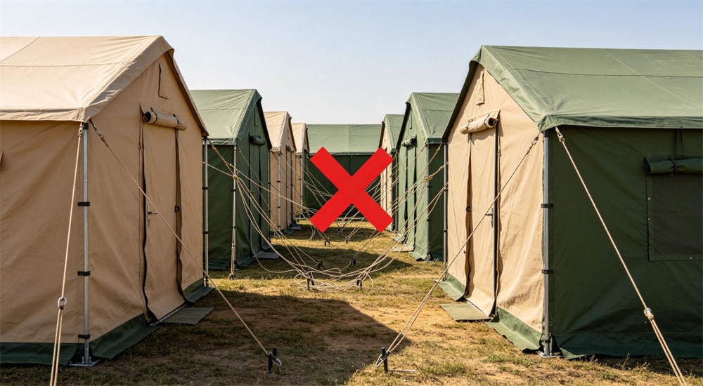 Error example of outdoor relief frame tent cramped layout in beige green showing overcrowded tent arrangement with insufficient space and red X error marker