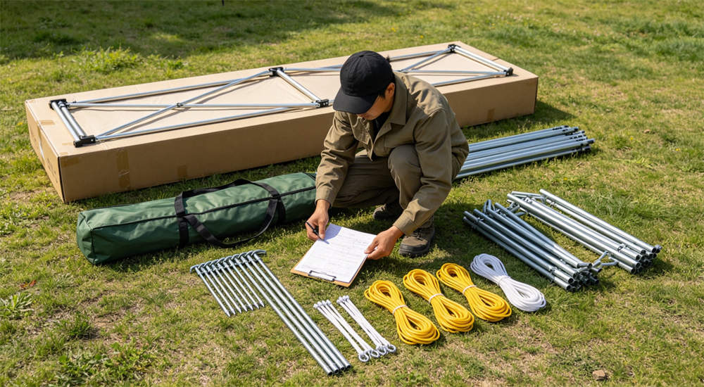 Green outdoor relief frame tent components check with all parts laid out including metal poles, fabric panels, stakes, and accessories for inventory verification
