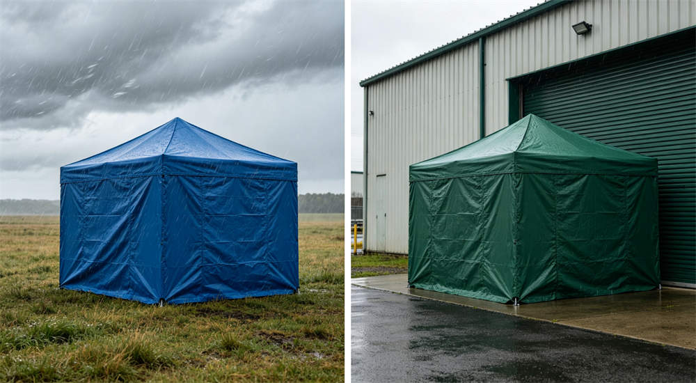 Comparison of outdoor relief frame tent in exposed site blue vs sheltered location green showing wind exposure difference between two installation sites