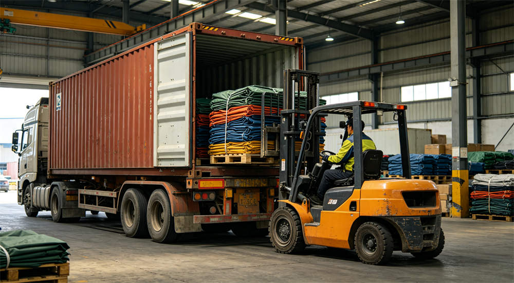 Multicolor outdoor relief frame tent warehouse shipping scene with forklift loading containers and packaged tents ready for export distribution at logistics center