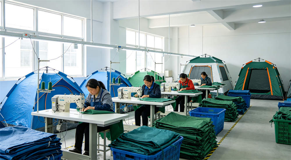 Green workshop factory production of outdoor relief frame tent with workers sewing fabric panels and manufacturing tent components on industrial machines