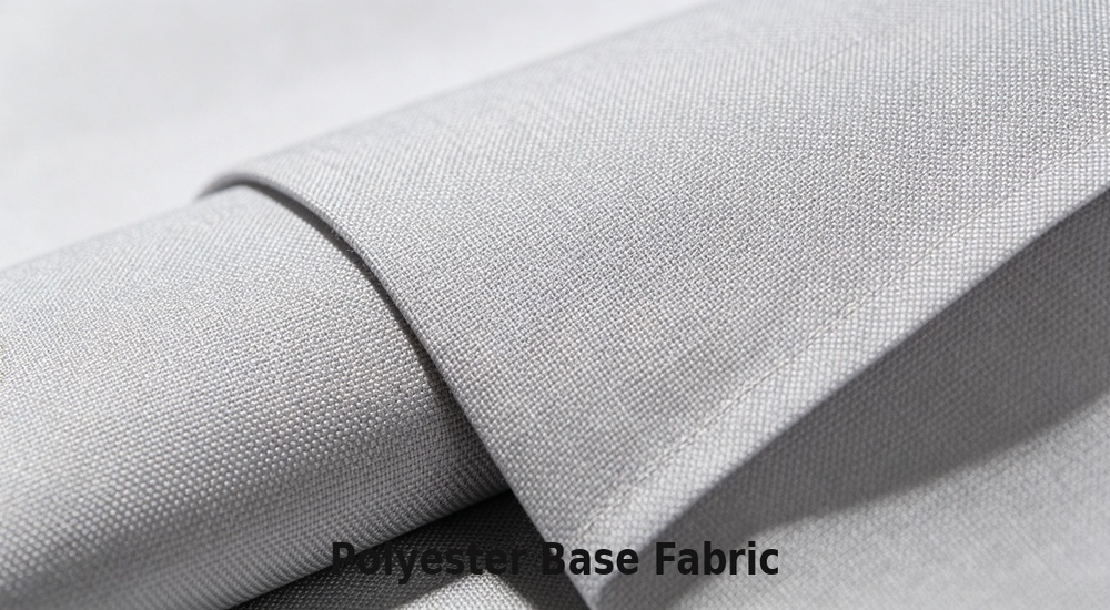 Extreme macro close-up revealing polyester base fabric weave structure for tent tarpaulin material, individual fiber threads and fabric density visible before PVC coating application, blue and white thread pattern detail