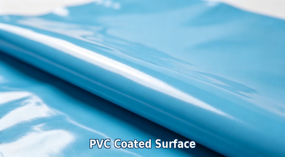Detailed macro photography of smooth glossy PVC coated surface on tent tarpaulin material, uniform blue coating thickness over polyester fabric base showing waterproof finish quality and material smoothness