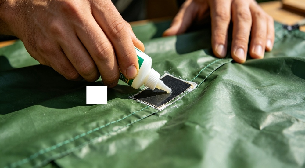 Close-up repair photograph showing hands applying waterproof repair patch to damaged blue tent tarpaulin material, field repair technique and patch adhesion visible demonstrating emergency maintenance solution for shelter fabric