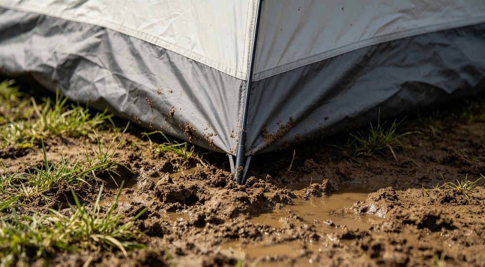 Field installation photograph of blue relief tent with fabric skirt extended onto muddy ground, tent base skirt and ground contact visible showing mud and moisture prevention design for wet terrain emergency shelter deployment