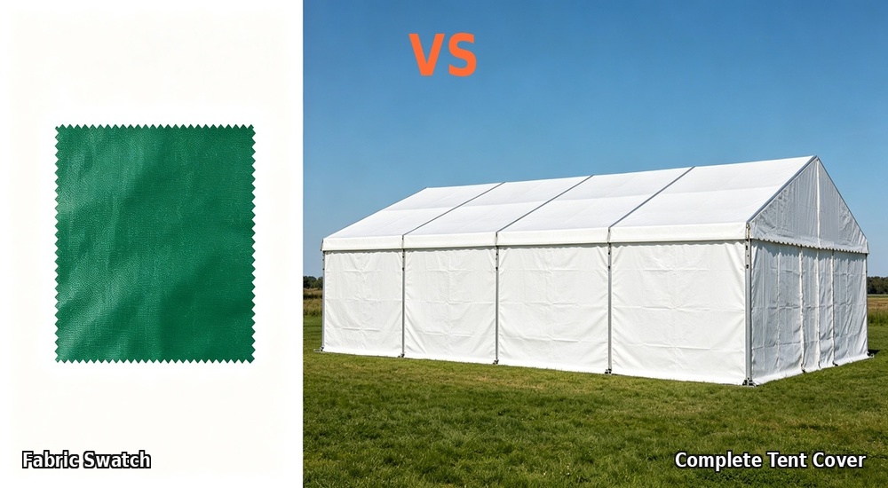 Size comparison photograph showing small fabric swatch sample versus complete assembled tent tarpaulin cover, material sample scale difference visible helping buyers understand final product appearance from sample selection
