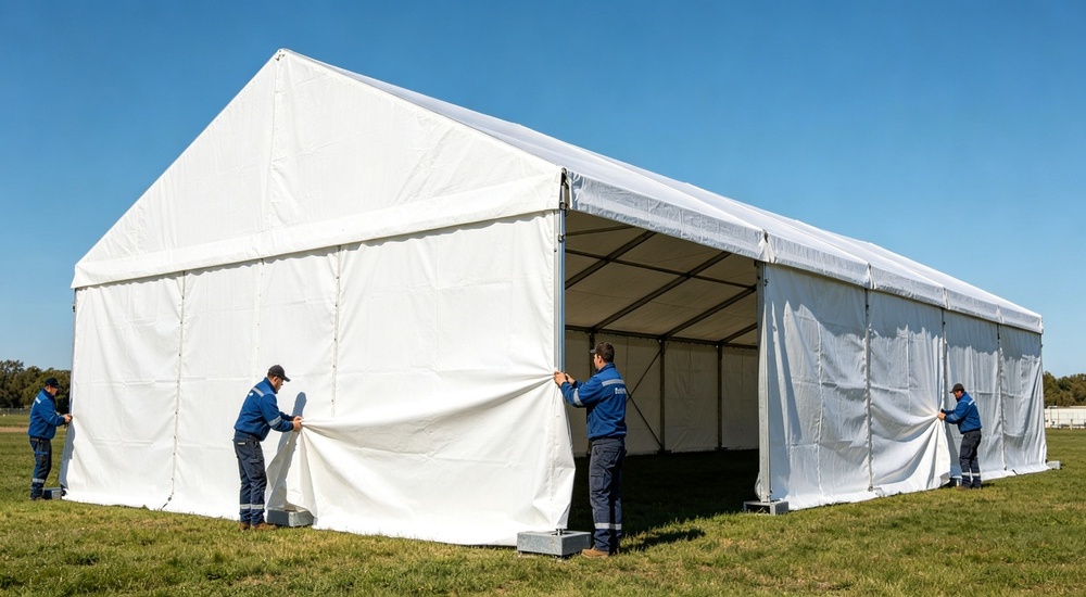 Field installation photograph of two workers installing blue relief tent tarpaulin cover over metal frame at emergency camp site, team installation process showing proper fabric tensioning and shelter assembly