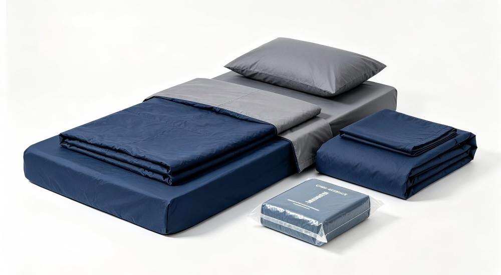 Civil defence bedding set in navy for reserve storage and evacuation points