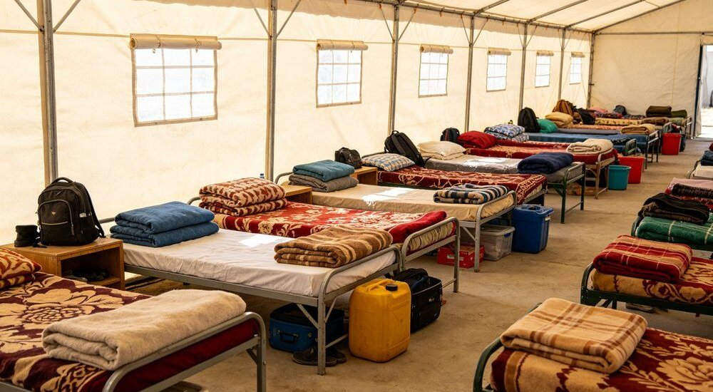 Refugee camp long term accommodation with durable institutional bedding Refugee camp long term accommodation with durable institutional bedding