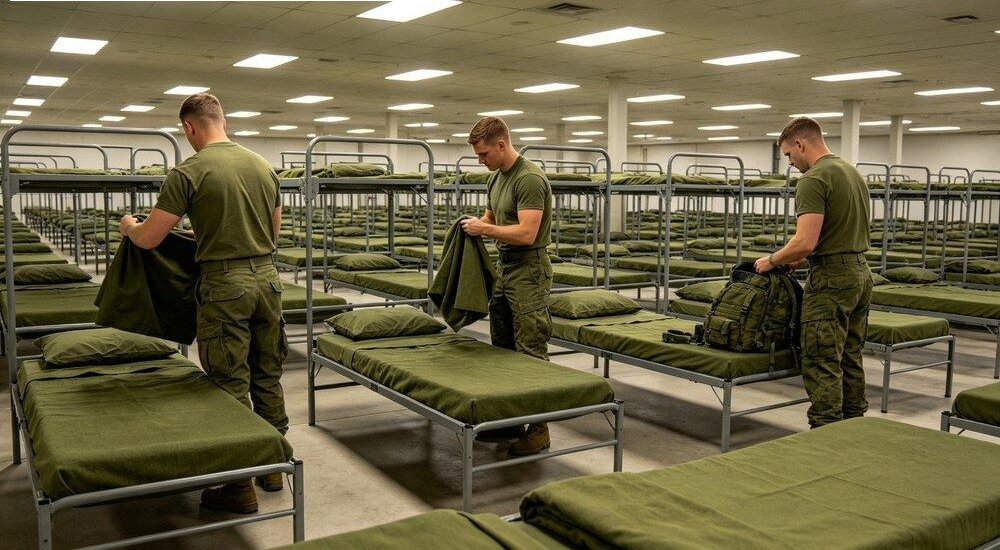 Military barracks dormitory with green bedding on metal frame beds