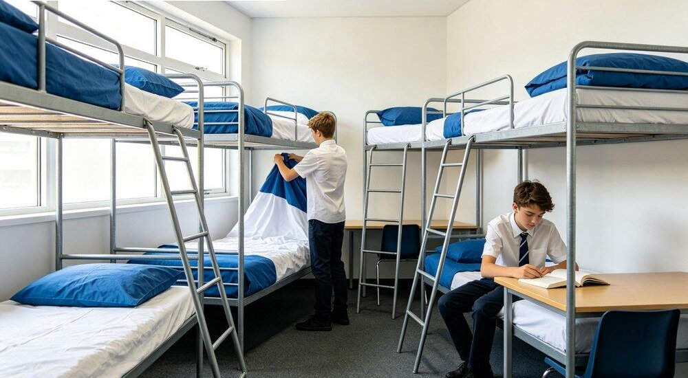 School dormitory room with gingham pattern bedding on bunk beds School dormitory room with gingham pattern bedding on bunk beds