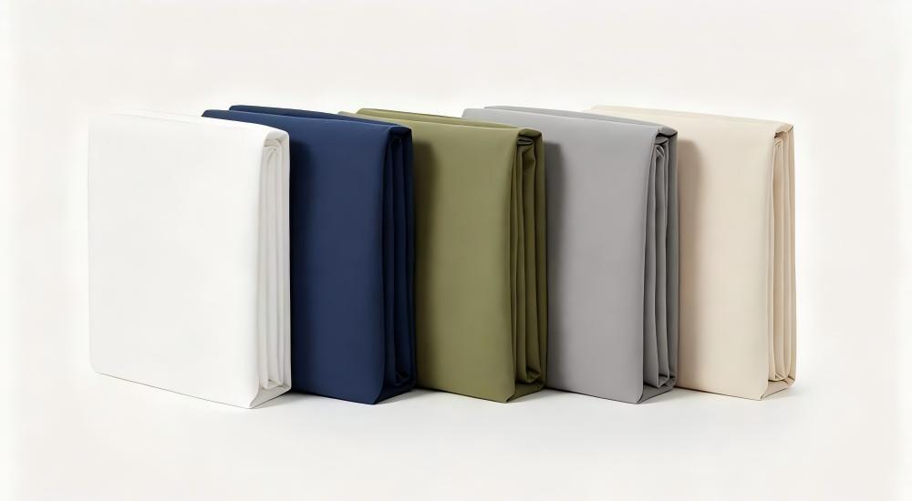 Institutional bedding color options in blue gray green and white flat lay Institutional bedding color options in blue gray green and white flat lay