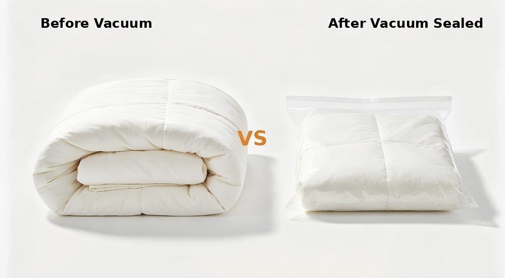 Vacuum compression comparison showing compressed and uncompressed bedding size