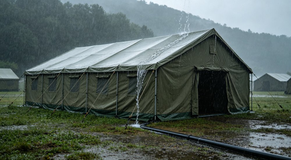 Rainy day action shot of green relief tent showing water runoff path along sloped roof design, effective drainage and rain channeling visible on tarpaulin material demonstrating waterproof performance in heavy tropical rainfall