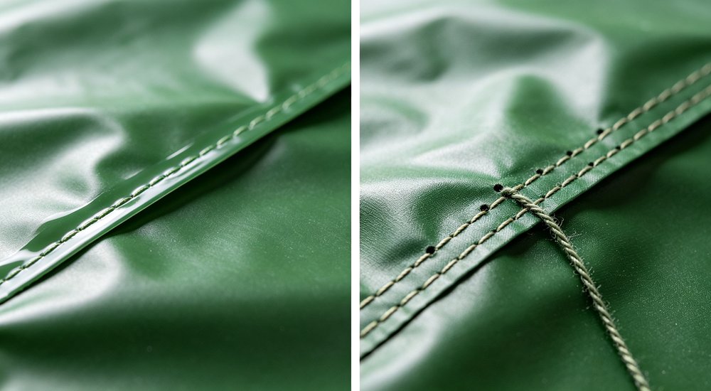 Technical close-up comparison of heat-sealed welded seam versus stitched seam on blue relief tent tarpaulin material, waterproof performance difference visible between welded joint and needle-pierced stitched construction