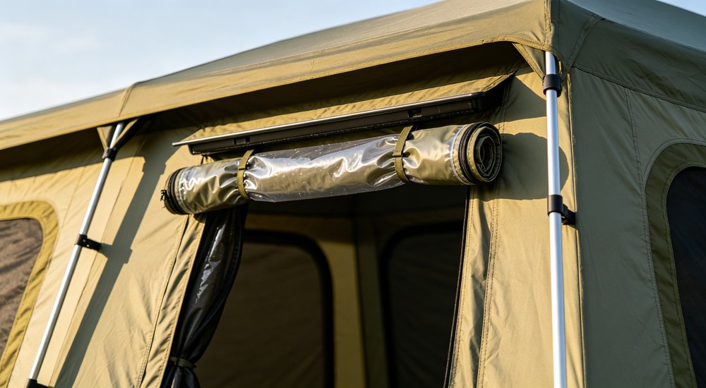Close-up detail of khaki relief tent entrance showing door flap construction with zipper and Velcro closure, weather-sealed entry design visible showing rain protection and easy access for emergency shelter use