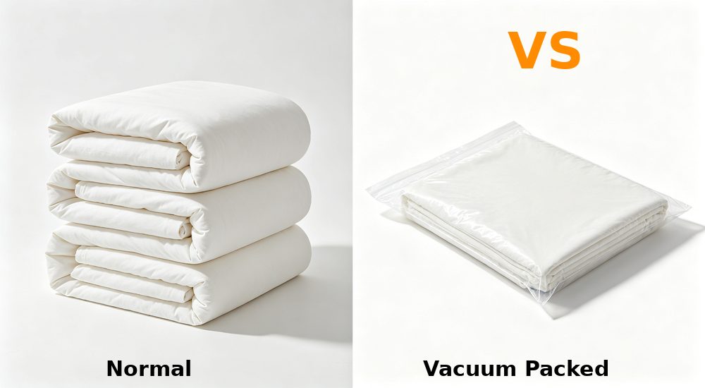 Split-view comparison of normal stacked bedding versus vacuum packed flat bedding in transparent bag showing volume reduction for shipping with orange VS marker Split-view comparison of normal stacked bedding versus vacuum packed flat bedding in transparent bag showing volume reduction for shipping with orange VS marker