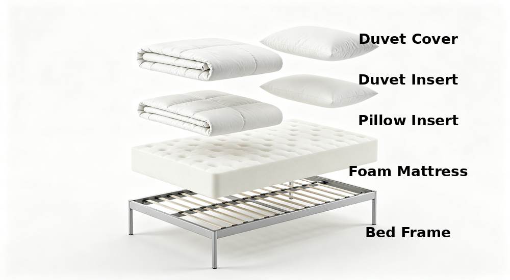 Side-view exploded diagram of complete sleep system layers metal bed frame foam mattress duvet insert duvet cover and pillow insert showing temporary accommodation bedding components