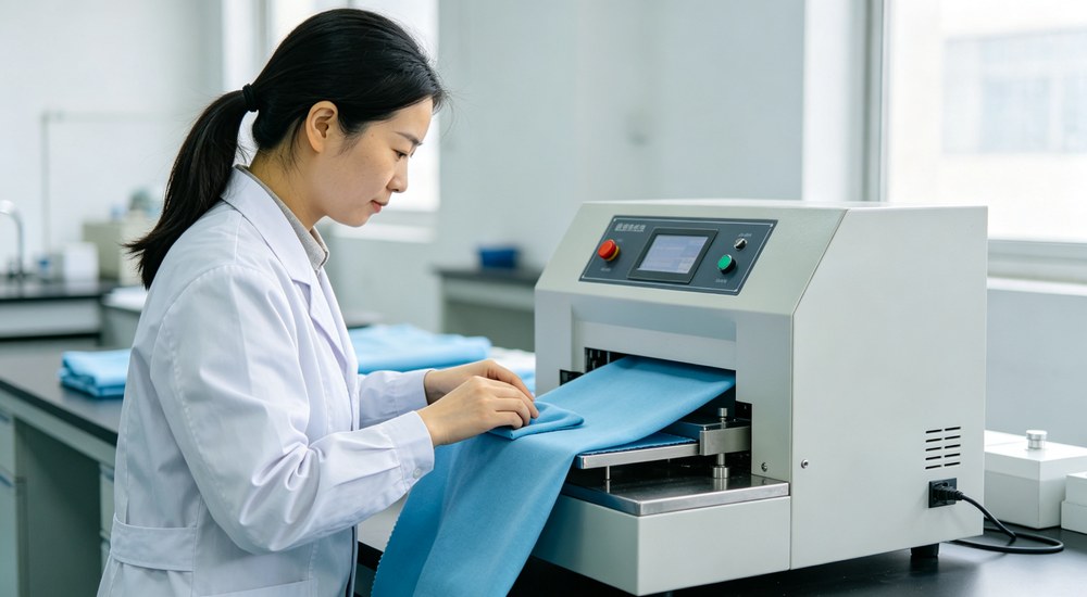 Close-up laboratory shot of Chinese female technician testing sky blue fabric color fastness on rubbing test machine showing quality control for temporary accommodation bedding