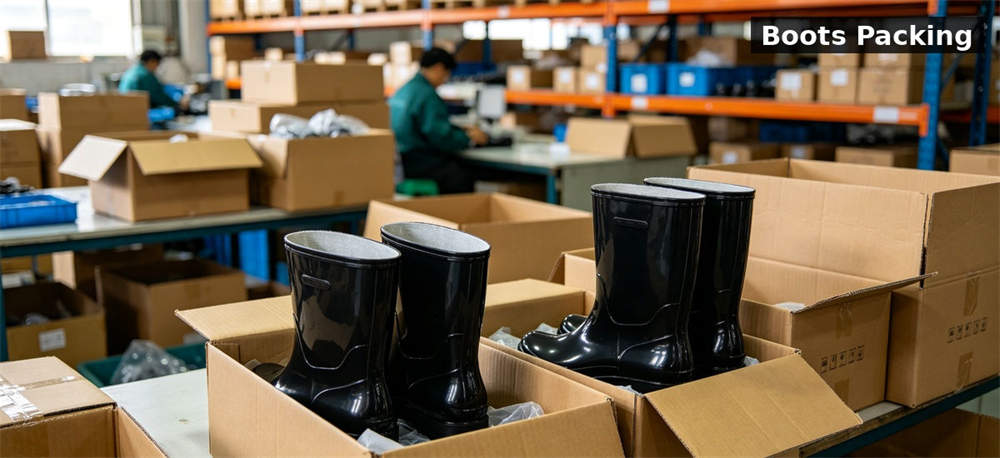 Rain boots carton warehouse packing for institutional procurement, inspection and supply planning