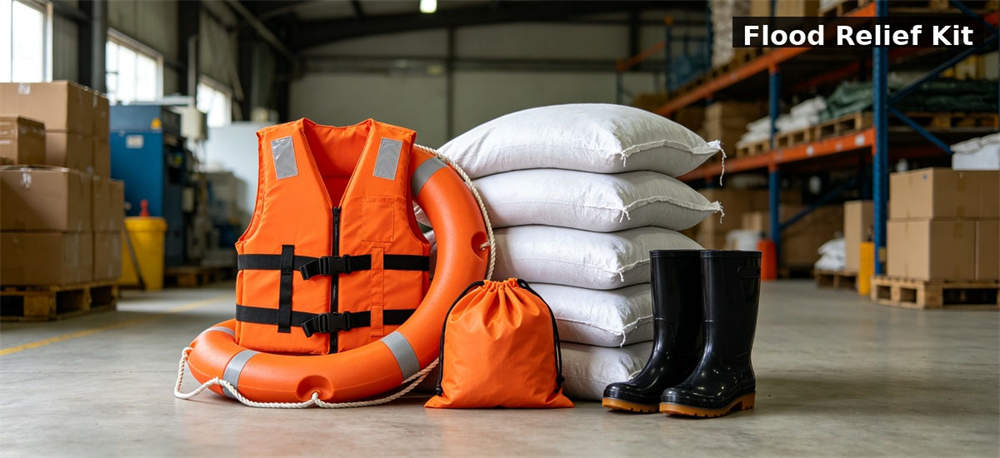 Flood relief kit complete product display for institutional procurement, inspection and supply planning