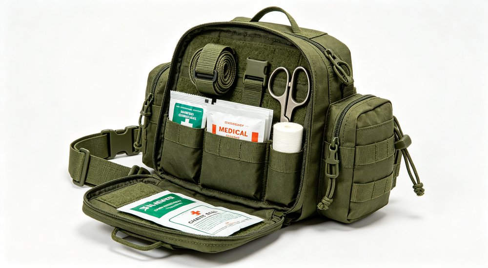 Wide-angle view of large disaster relief medical station 35-piece set in navy blue wheeled bag with multiple compartments for field hospital and humanitarian emergency response