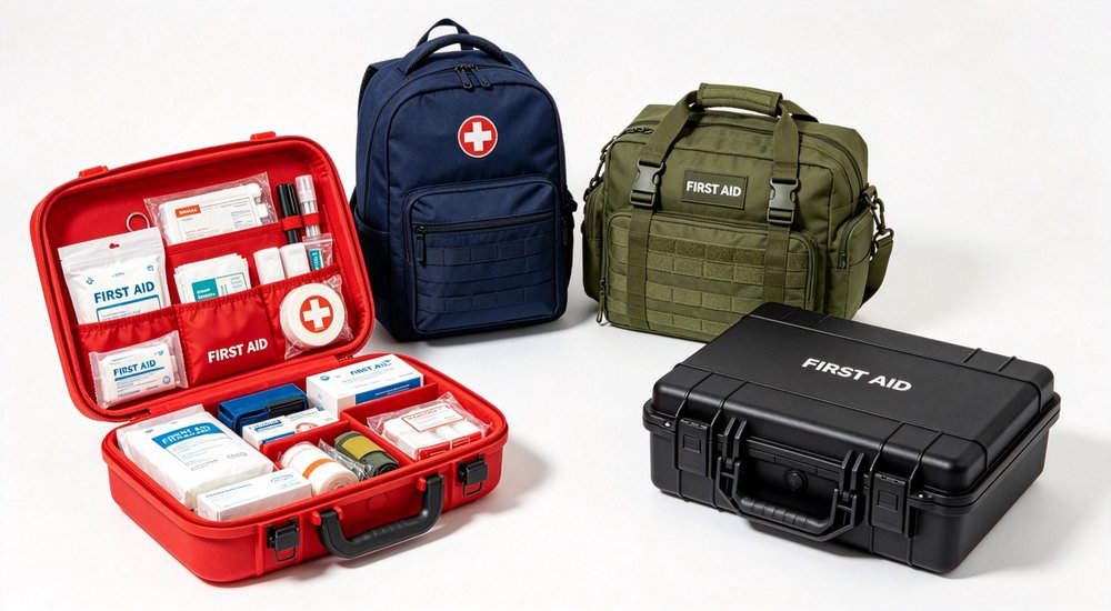 Top-down flat lay of disaster relief medical kit contents including emergency blanket triangular bandage dressing pads and basic medical supplies for refugee camp and shelter deployment Top-down flat lay of disaster relief medical kit contents including emergency blanket triangular bandage dressing pads and basic medical supplies for refugee camp and shelter deployment