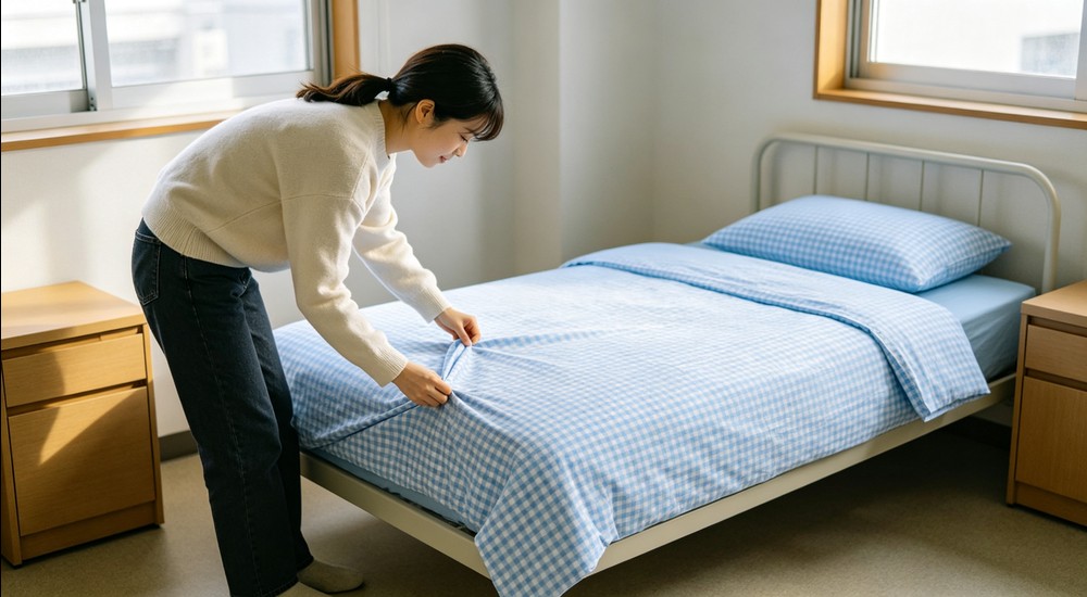 Person fitting a sample bedding set onto a single metal frame bed, adjusting sheet corners, sky blue checkered bedding in bright clean dormitory room