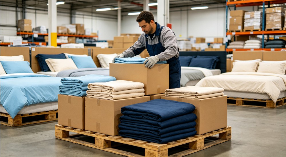 Warehouse worker packing folded bedding sets into cardboard boxes on wooden pallet, multiple colors including sky blue beige and navy visible, bright clean warehouse