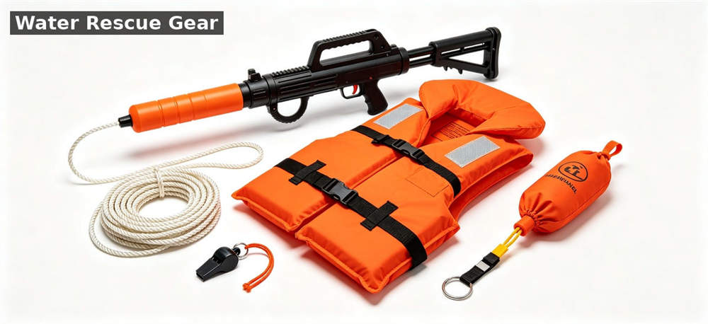 Water rescue gear set orange white bg for institutional procurement, inspection and supply planning