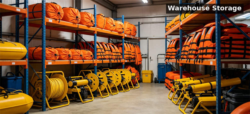 Rescue launcher warehouse storage scene for institutional procurement, inspection and supply planning