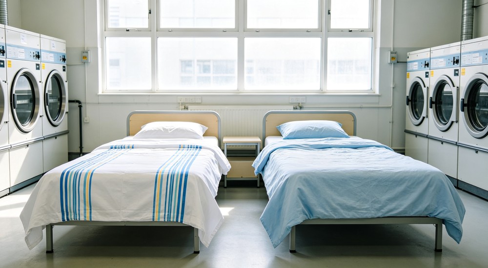 Action side by side comparison of new crisp white bedding with blue stripes versus faded light blue bedding after fifty washes