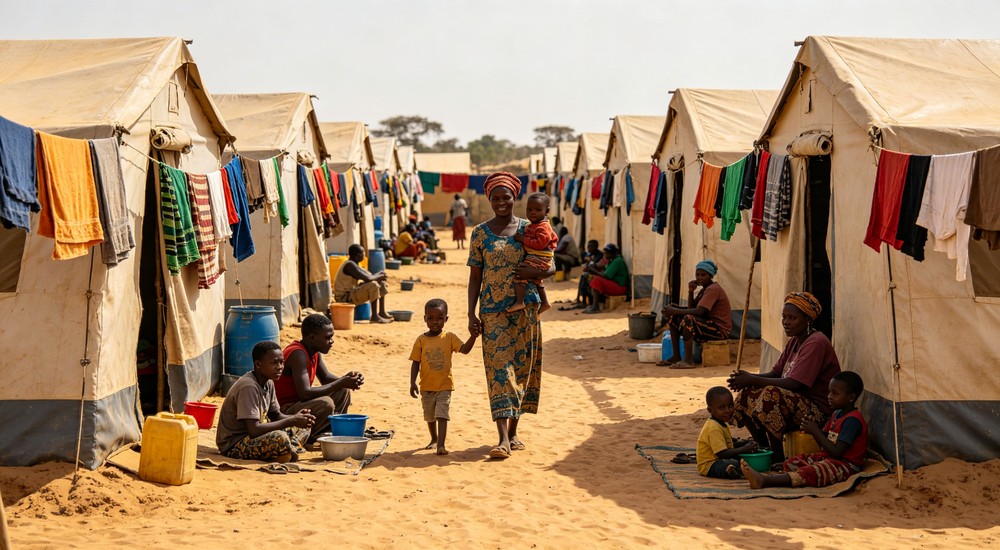 Overhead refugee camp settlement with rows of tents colorful laundry hanging outside and African families in sandy desert area