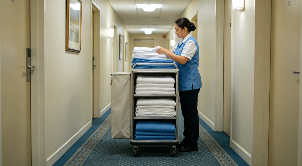 Documentary bright hotel housekeeping cart with clean folded bedding sets in white and blue housekeeper arranging linens in hallway