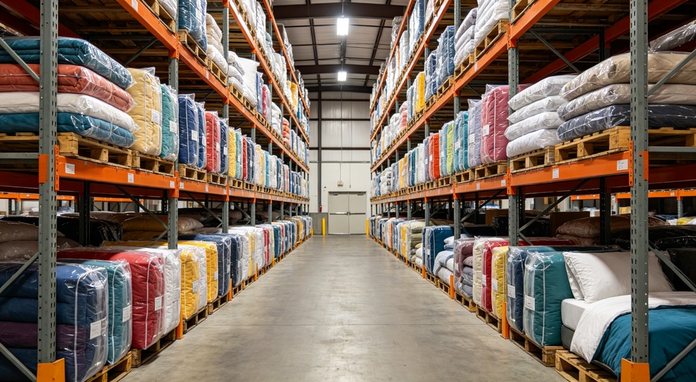 Studio warehouse shelving units stocked with organized rows of colorful packaged bedding sets in plastic wrapping on racks - suitable for institutional and emergency shelter procurement