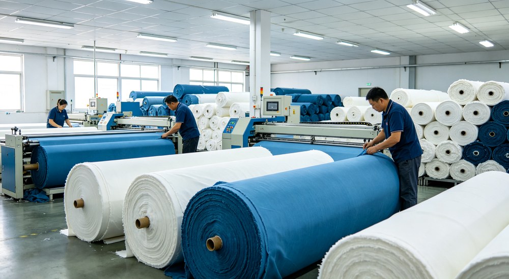 Split-view bright textile cutting room with workers cutting large rolls of blue and white fabric with industrial cutting machines