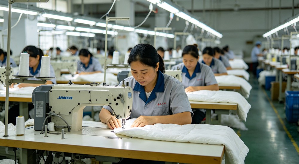 Eye-level textile sewing production line with workers operating industrial machines stitching bedding seams in bright factory - for procurement teams selecting bedding for high-turnover facilities