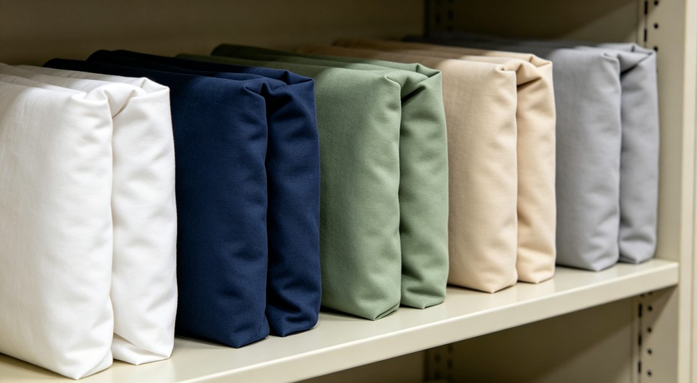 Detailed five folded bedding sets in solid colors white navy blue sage green beige and light grey arranged neatly on shelf