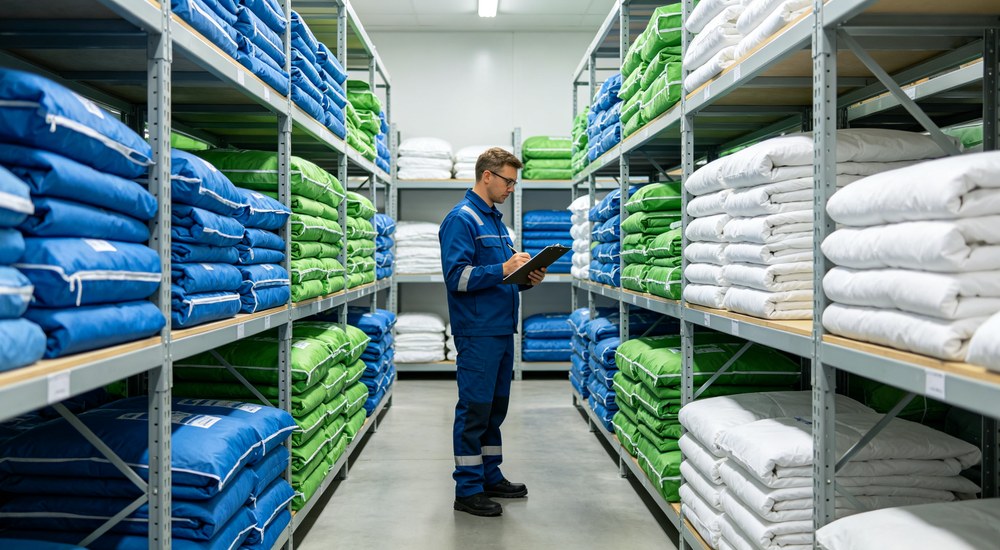 Interior bright emergency supply storage room with neatly stacked folded bedding packages in blue green white on metal shelves worker