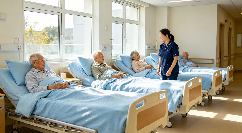 Technical bright care facility with elderly residents resting on beds all featuring uniform soft light blue bedding and caregiver
