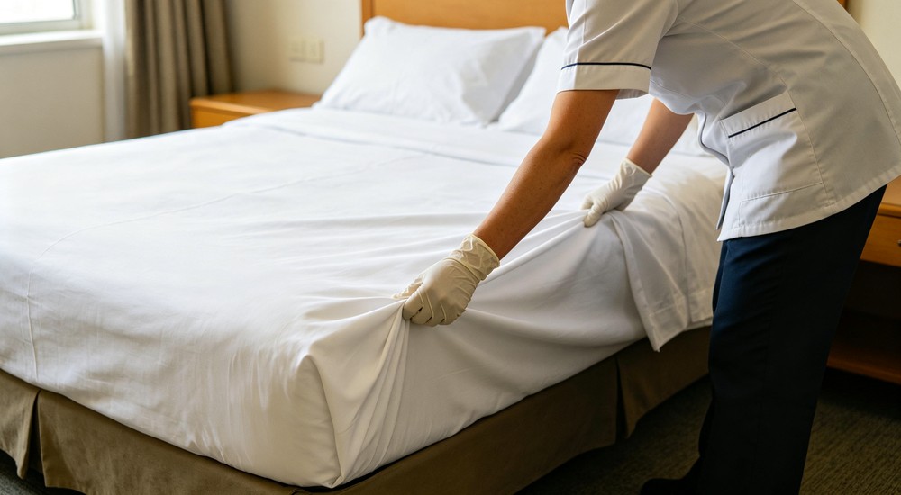 Macro housekeeping staff with gloved hands tucking white fitted sheet onto bed in institutional setting professional cleaning - for quality control and bedding material selection guidance