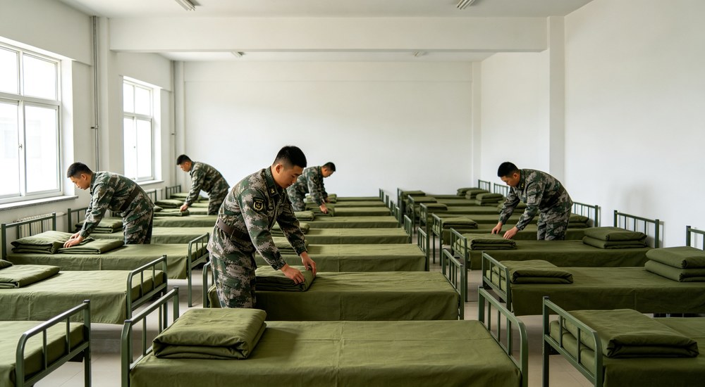 Panoramic bright military barracks dormitory with rows of neatly made beds featuring olive green bedding soldiers making beds - suitable for institutional and emergency shelter procurement