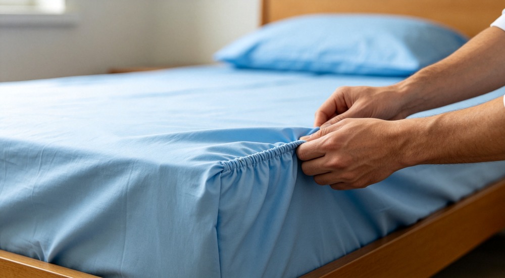 close-up photograph of hands installing sky blue fitted sheet with elastic corners on single bed showing tight fit and quality stitching