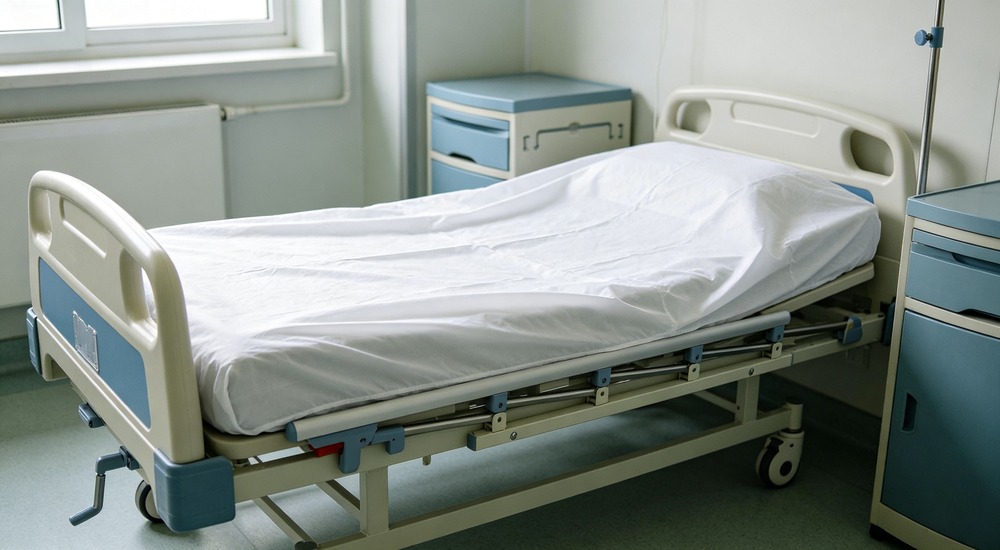 action photograph of worker demonstrating folding cot mechanism with sky blue bedding installed showing no jamming in bright warehouse with proper alignment and no fabric bunching visible