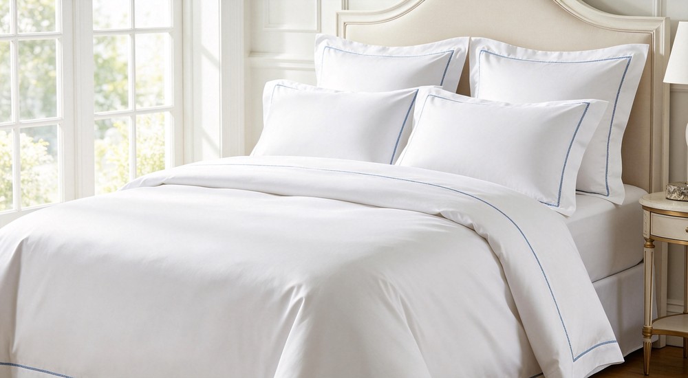 White institutional bedding set with blue piping on neatly made bed for hotel and shelter use White institutional bedding set with blue piping on neatly made bed for hotel and shelter use