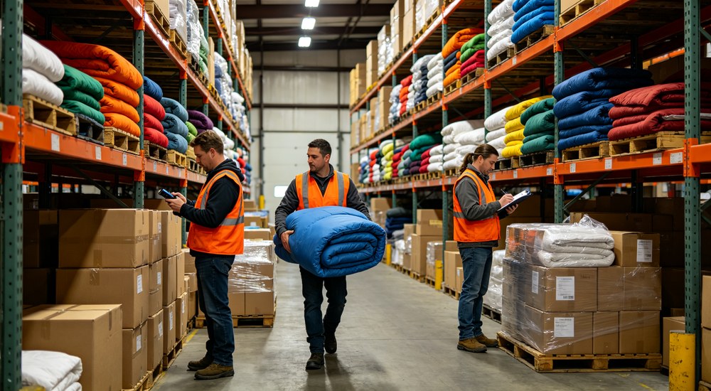 Warehouse staff handling rolled emergency blanket for bulk order shipment Warehouse staff handling rolled emergency blanket for bulk order shipment