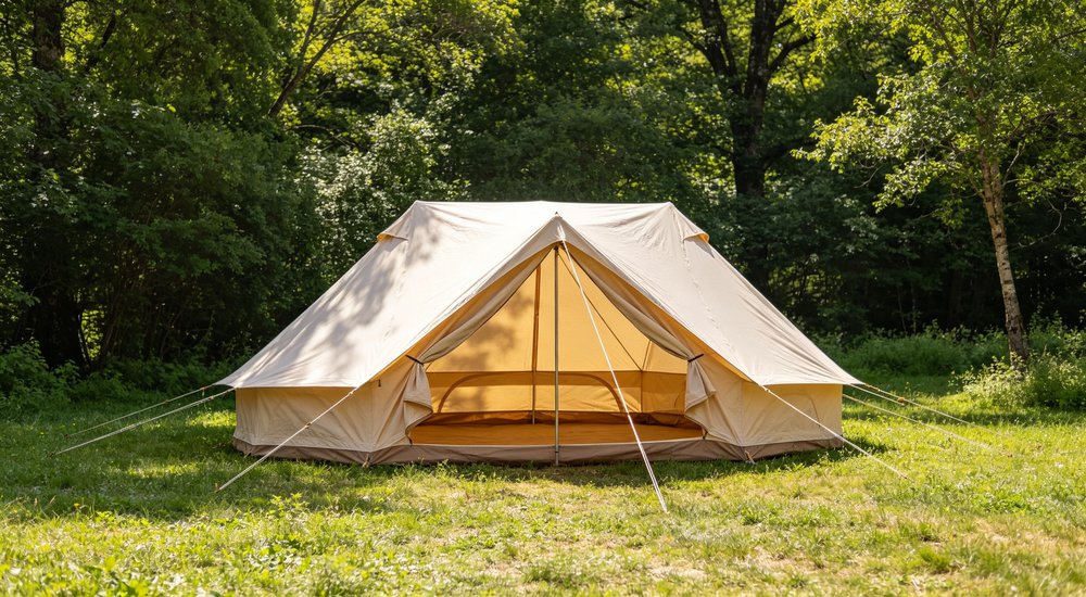 Heavy duty emergency frame tent displayed in operational setting demonstrating quick setup capability durable canvas exterior and spacious interior capacity for humanitarian relief missions